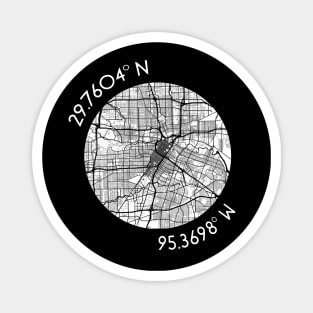 Houston Coordinates (latitude and longitude) in white text around map of H-Town, Texas Magnet